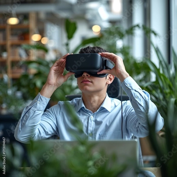 Obraz Young Creative Professional Using AR VR Headset in Bright Plant Filled Coworking Space Futuristic Tech Lifestyle Photo