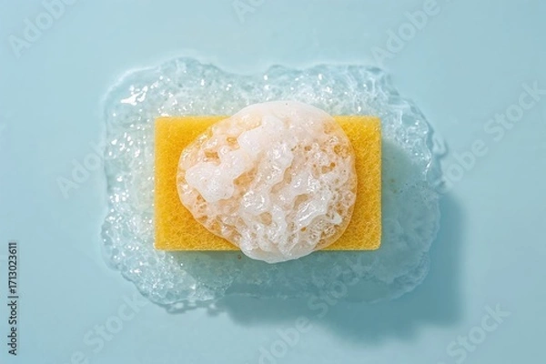 Fototapeta Top-down view of a yellow cleaning sponge with foam against a pale blue backdrop
