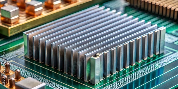 Fototapeta In a tech workshop, a shiny metallic heatsink is placed on a circuit board. This close-up highlights its fins designed for heat dissipation. The environment is well-lit, showcasing intricate details