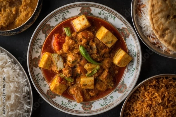Fototapeta Top view of creamy paneer curry served with vegetable pulao or rice