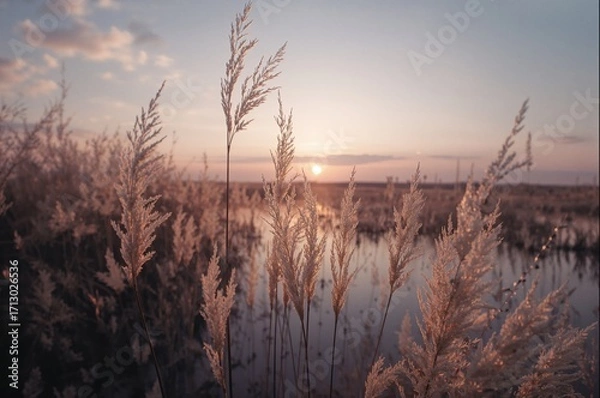 Fototapeta Digital oil painting of marshland reeds swaying gently in the wind, evoking autumn and natural wetlands