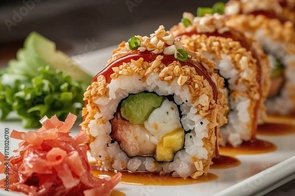 Fototapeta A mouthwatering close-up of a crispy tempura shrimp sushi roll featuring smooth avocado, tender crab meat, and a unique sauce. Perfect for culinary menus, gourmet food shots, and promoting Asian