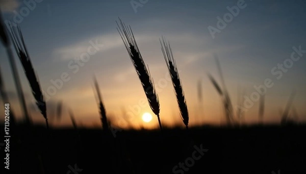 Fototapeta Close-up of wheat stalks against a fading sunset sky