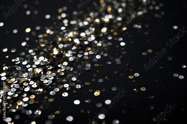 Fototapeta Glittering gold and silver sequins against a dark backdrop
