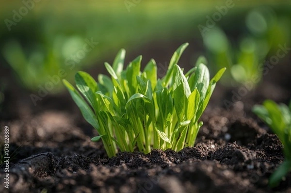 Fototapeta Close-up of young arugula plants emerging from soil during early spring