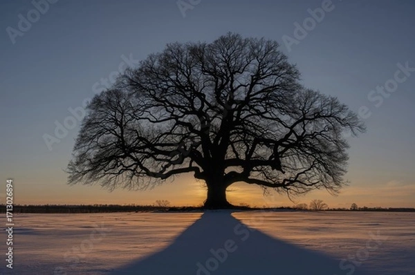 Fototapeta Winter scene with shadows cast by a bare ancient tree on snow
