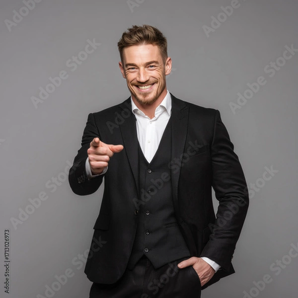Fototapeta Confident smiling businessman in classic black three-piece suit, white shirt, pointing finger towards camera with positive gesture, professional studio portrait