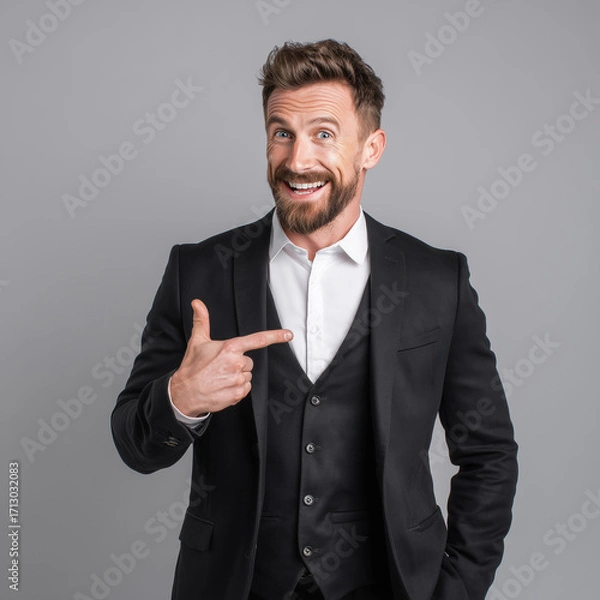 Fototapeta Professional full body image of confident businessman in elegant black suit with white shirt, pointing finger gesture with smile, modern executive studio portrait