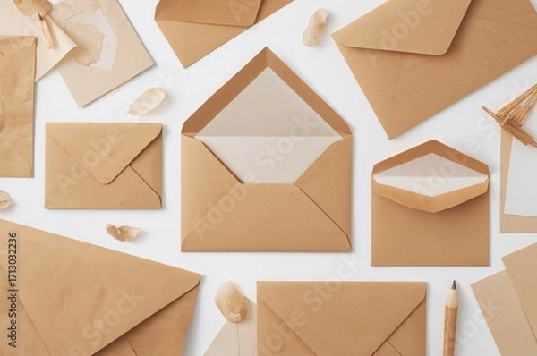 Fototapeta Collection of kraft paper envelopes and blank letters on a white background