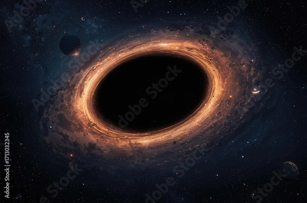 Fototapeta 3D rendering of a black hole and its event horizon in outer space. High-resolution sci-fi art in 5K. Image components sourced from a space agency