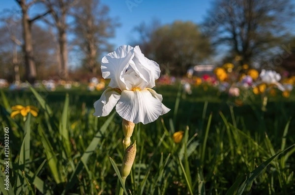 Fototapeta White Iris Blossom Against a Soft Background, Summertime Flora and Nature Scene