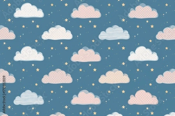 Fototapeta Child-friendly seamless 2D pattern featuring adorable clouds and stars in a minimalist style on a blue backdrop. Children's fabric print with sky motifs.