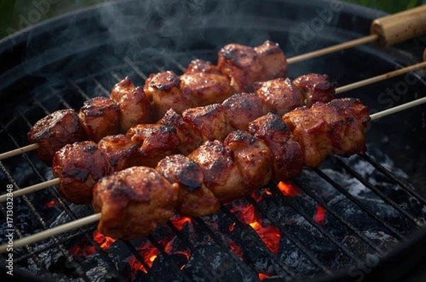 Fototapeta Close-up of large marinated poultry steak being grilled on a charcoal barbecue brazier.