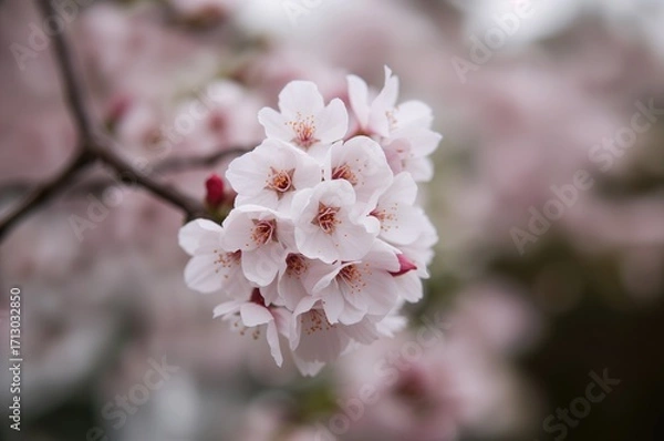 Fototapeta Experience the gentle charm of blooming cherry flowers through a balcony's intimate perspective, ideal for infusing your room with subtle floral beauty.