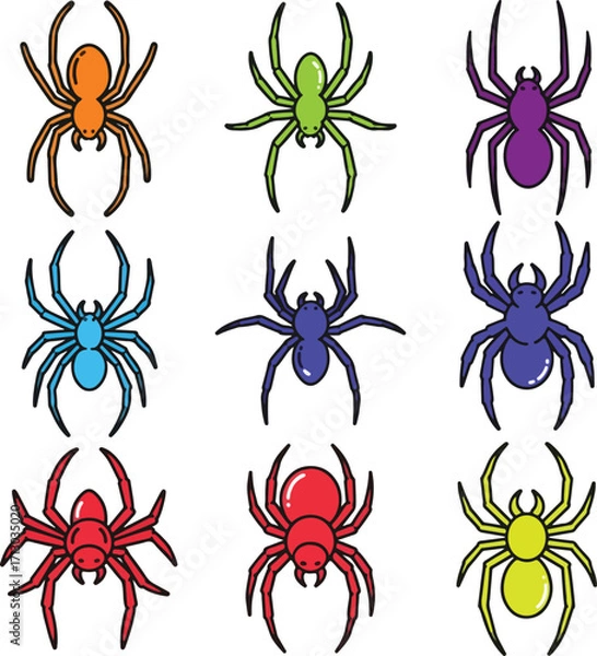 Obraz Colorful Halloween Spider Icon Pack: Set of 6 Different Spider Illustrations with Unique and Vibrant Designs on a White Background