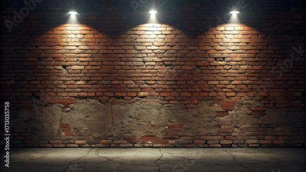 Fototapeta “Cinematic photograph of an aged, imperfect brick wall. Shot straight-on at eye level. The wall is dramatically lit by three evenly spaced spotlights, brightest in the center. High contrast between gl