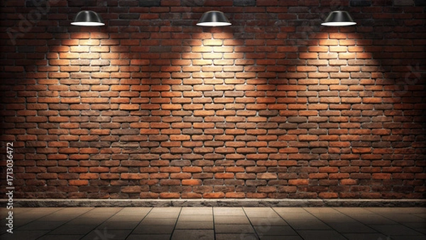 Fototapeta “Symmetrical, high-resolution photo of a weathered brick wall. Running bond pattern bricks in reddish-brown tones. Three spotlights from above cast circular pools of light, the middle most intense. Sh