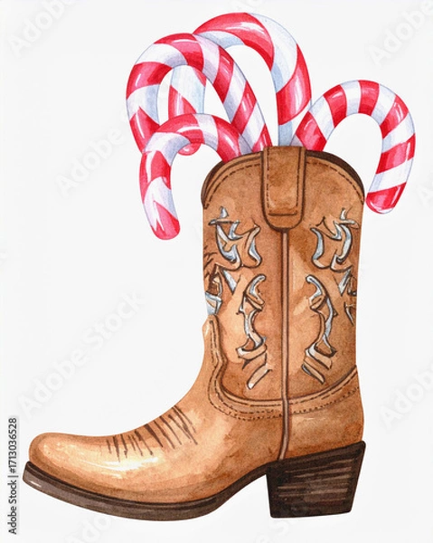 Fototapeta Unique cowboy boot filled with striped candy canes creates a festive and cheerful holiday spirit for Christmas celebrations in a charming winter setting