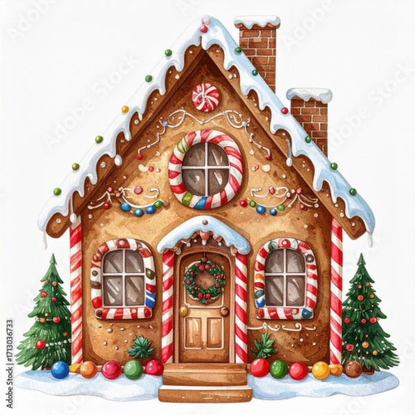 Fototapeta Cute gingerbread house decorated for Christmas with colorful candies, lush trees, and snowy rooftops creating a warm holiday scene in a festive atmosphere
