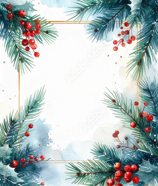 Fototapeta Festive watercolor illustration featuring pine branches and red berries creating a cheerful border for holiday greetings or Christmas cards