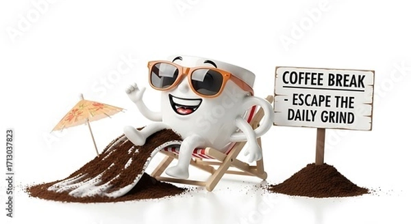 Fototapeta Funny coffee cup character relaxing on a beach chair escaping the daily grind
