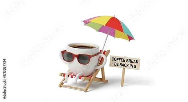 Fototapeta Funny coffee cup relaxing on a beach chair under a colorful umbrella