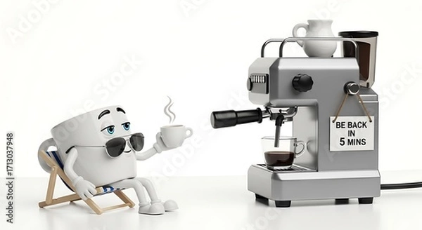 Fototapeta Funny coffee cup character enjoying a fresh espresso from a machine