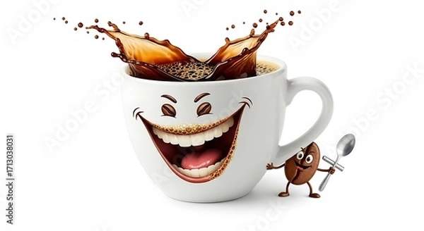 Fototapeta Happy coffee mug with splashing coffee and a coffee bean character