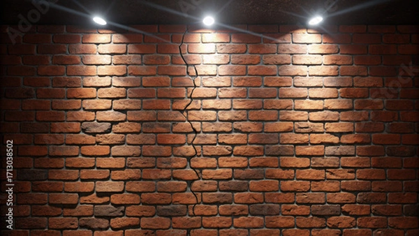 Fototapeta “Close-up, symmetrical photo of an aged brick wall, reddish-brown bricks in a running bond pattern. Three spotlights shine from above, central one brightest. Strong contrast between lit areas and deep