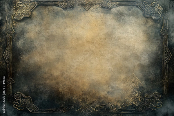 Fototapeta Aged parchment as background, empty center for writing, border with arcane markings and magical symbols.