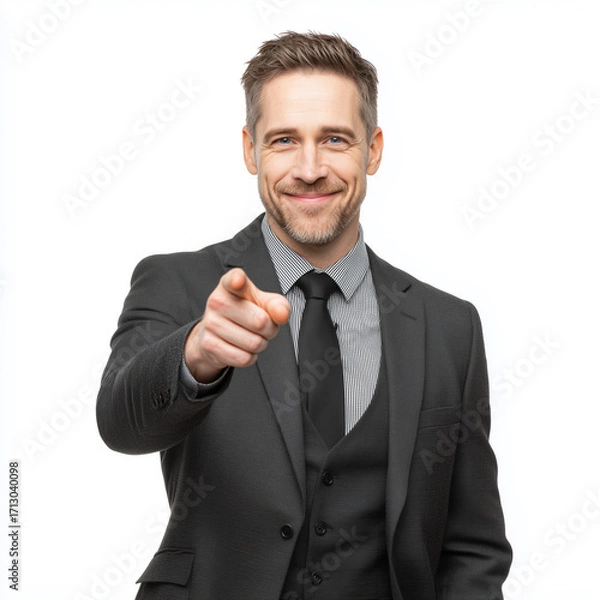 Fototapeta Portrait of confident businessman in tailored black three-piece suit, smiling with pointing finger, standing against light grey background, professional look