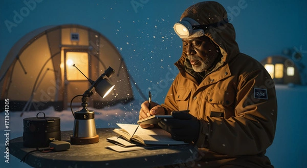 Fototapeta Black elderly man writing notes while sitting at table in snowy landscape - Concept of Life in remote workers' settlements  