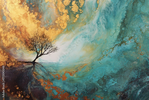 Fototapeta A single tree standing alone in an landscape. Colorful painting. Abstract.