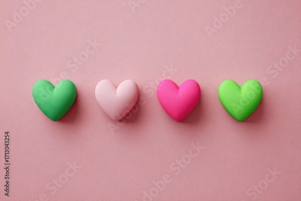 Fototapeta Four colorful hearts in a row on a pink background