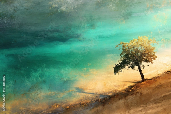 Fototapeta A single tree standing alone in an open landscape. Colorful painting.