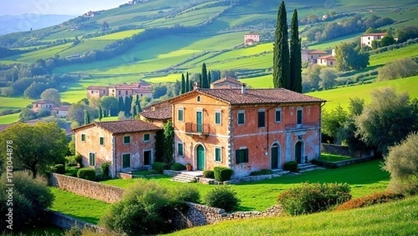 Fototapeta Typical Tuscan landscape with rolling hills, cypress trees, and an old rustic Italian farmhouse. Picturesque countryside scenery with vineyards and olive trees under a warm Mediterranean light