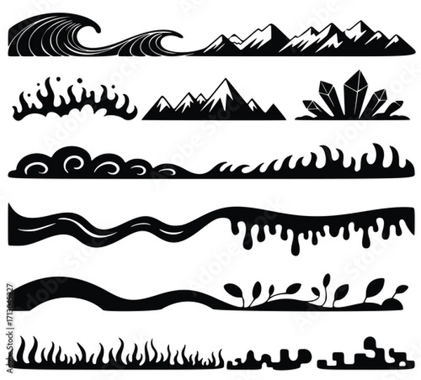 Fototapeta Diverse Artistic Borders: A collection of monochrome borders showcasing natural elements. The art style incorporates waves, mountains, clouds, a river, flames, and flora.