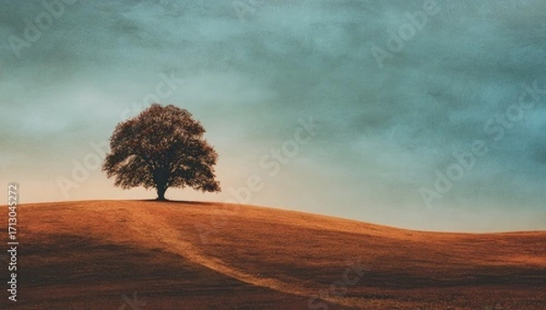 Fototapeta Solitary tree atop a golden hill under a muted sky