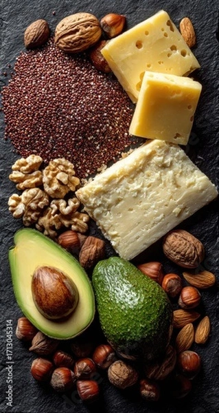 Fototapeta Healthy fats, nuts, seeds, and cheese on dark surface