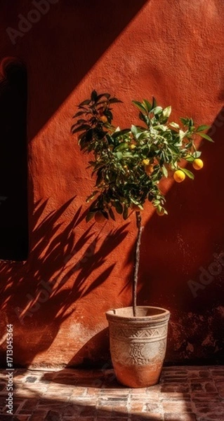 Fototapeta Sun-drenched lemon tree in terracotta pot