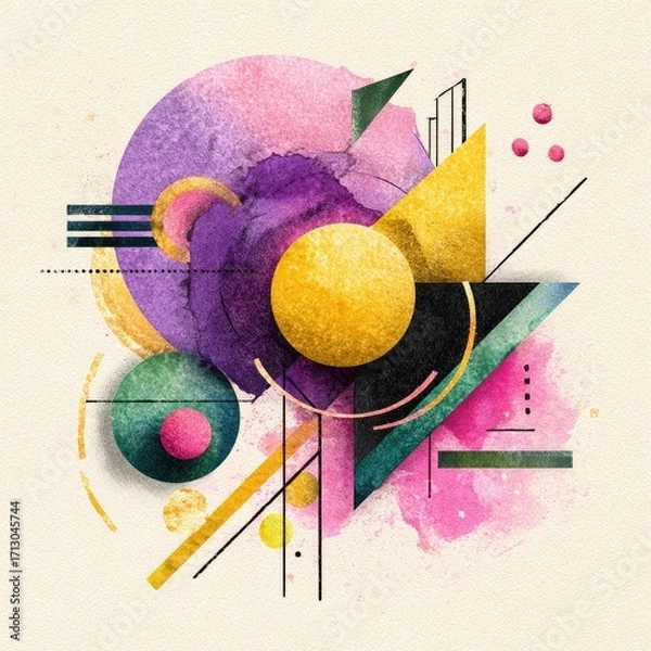 Fototapeta Abstract art with watercolor and geometric shapes
