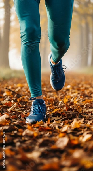 Fototapeta Close-up of legs in teal leggings and blue running shoes on autumn leaves, conveying a sense of active outdoor lifestyle and fall season