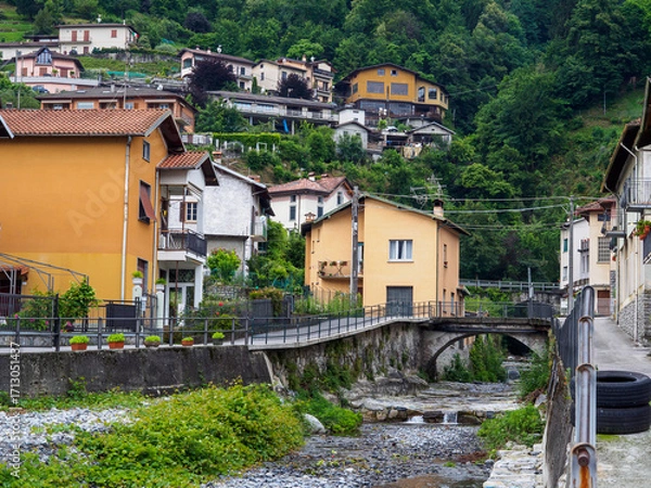 Fototapeta Charming Italian Village of Lezzeno with a Stream and Colorful Houses in Lake Como, Italy
