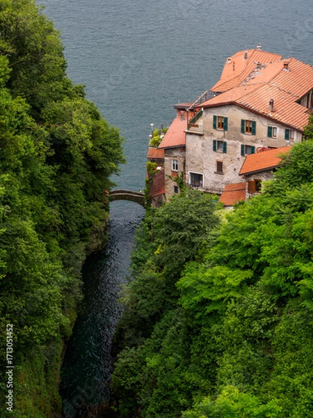 Fototapeta Scenic View of Nesso Bridge and Lake Como Northern Italy.