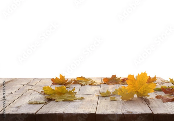 Fototapeta Autumn maple golden leaves on wooden table. Autumn Product podium isolated
