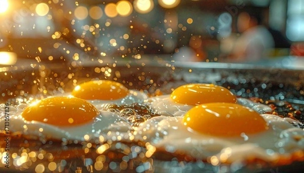 Fototapeta A close-up side profile view of eggs frying in a hot pan at a fast food restaurant, golden yolks and crispy edges captured with bokeh background, cinematic focus on sizzling breakfast perfection