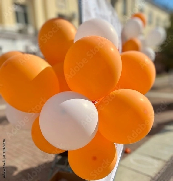 Obraz Bright orange and white balloons clustered together outdoors, showcasing a festive and vibrant atmosphere. Captured with a soft focus background to highlight the colors.
