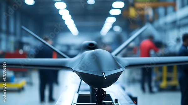 Fototapeta Unmanned aerial vehicle on assembly line with workers. Sleek, dark, innovative, precision engineering in a futuristic manufacturing setting with soft industrial lights.