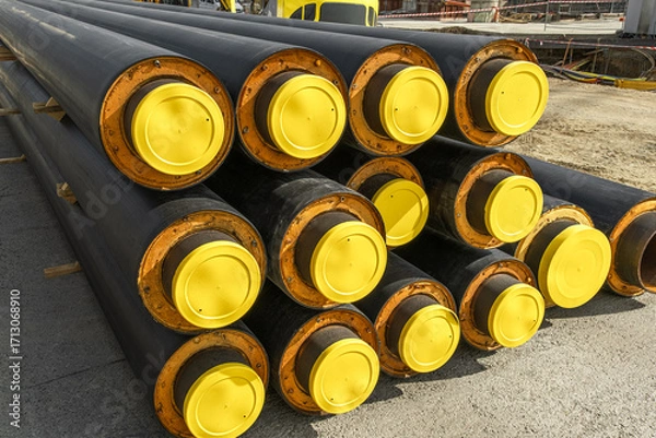 Fototapeta Stacked insulated tubes with yellow protective caps are placed at a construction site. water pipes are for utility installation