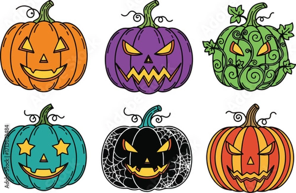 Obraz Colorful Halloween Pumpkin Icon Pack: Set of 6 Different Jack-o'-Lantern Illustrations with Unique and Vibrant Designs on a White Background